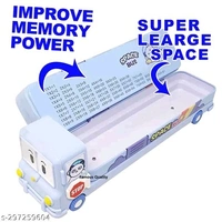 Pencil Box (Blue) Cartoon Printed School Bus Metal Double Decker Bus Shape Pencil Box for Kids with Moving Tyres & 3 Compartments Sharpener Geometry Case for Boys and Girls (Blue Bus)