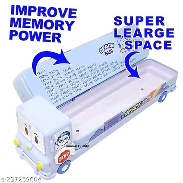 Pencil Box (Blue) Cartoon Printed School Bus Metal Double Decker Bus Shape Pencil Box for Kids with Moving Tyres & 3 Compartments Sharpener Geometry Case for Boys and Girls (Blue Bus)