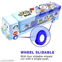 Pencil Box (Blue) Cartoon Printed School Bus Metal Double Decker Bus Shape Pencil Box for Kids with Moving Tyres & 3 Compartments Sharpener Geometry Case for Boys and Girls (Blue Bus)