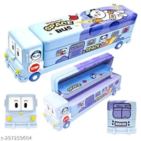 Pencil Box (Blue) Cartoon Printed School Bus Metal Double Decker Bus Shape Pencil Box for Kids with Moving Tyres & 3 Compartments Sharpener Geometry Case for Boys and Girls (Blue Bus)