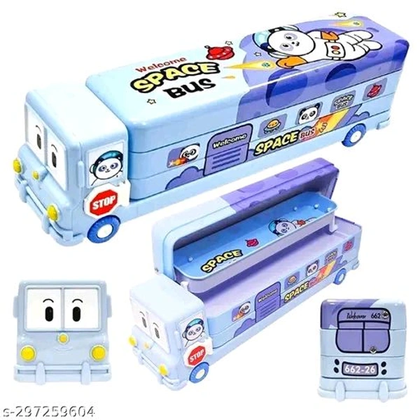 Pencil Box (Blue) Cartoon Printed School Bus Metal Double Decker Bus Shape Pencil Box for Kids with Moving Tyres & 3 Compartments Sharpener Geometry Case for Boys and Girls (Blue Bus)