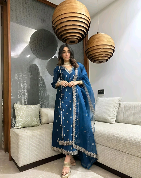 Blue Silk Sequence Jari Kurta Set - Chathams Blue, S