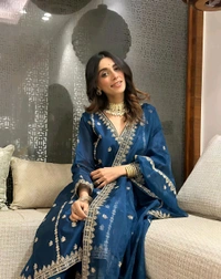 Blue Silk Sequence Jari Kurta Set - Chathams Blue, S