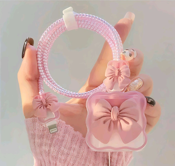 3D Cute Bow Pattern Phone Charger Case - Lavender Pink, Free Size