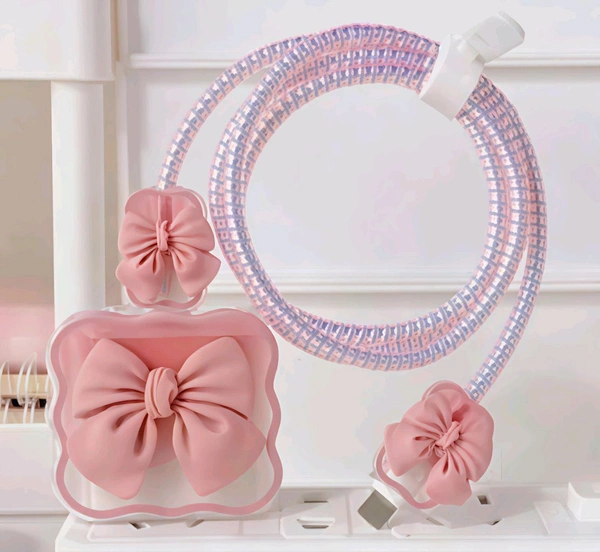 3D Cute Bow Pattern Phone Charger Case - Lavender Pink, Free Size