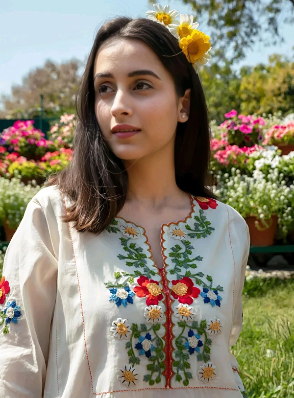 Womens Cotton Embroidery Kurta Set - White, S