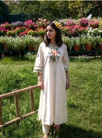 Womens Cotton Embroidery Kurta Set - White, S