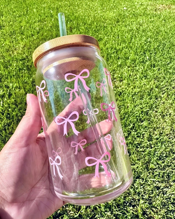 Pink Bow Glass Cup - Free Size