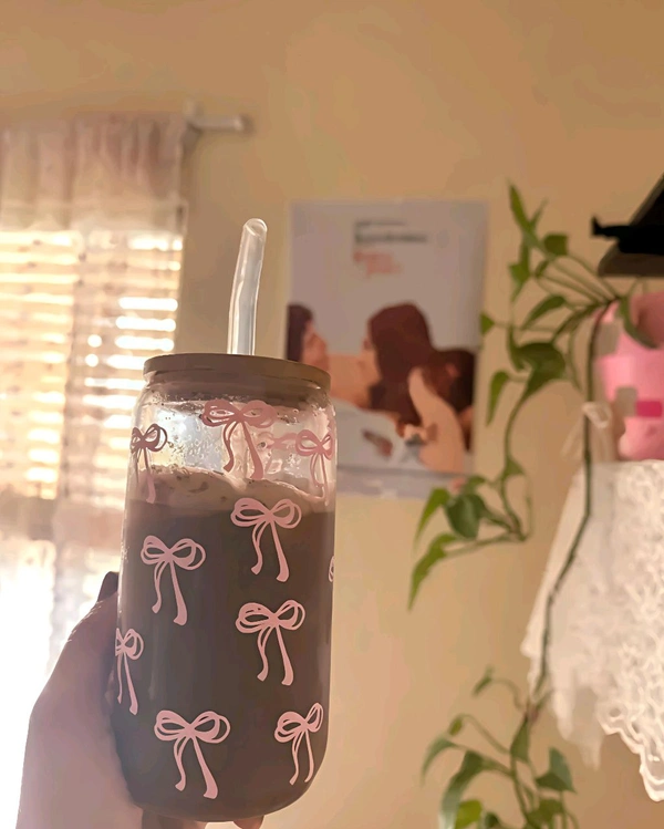 Pink Bow Glass Cup - Free Size