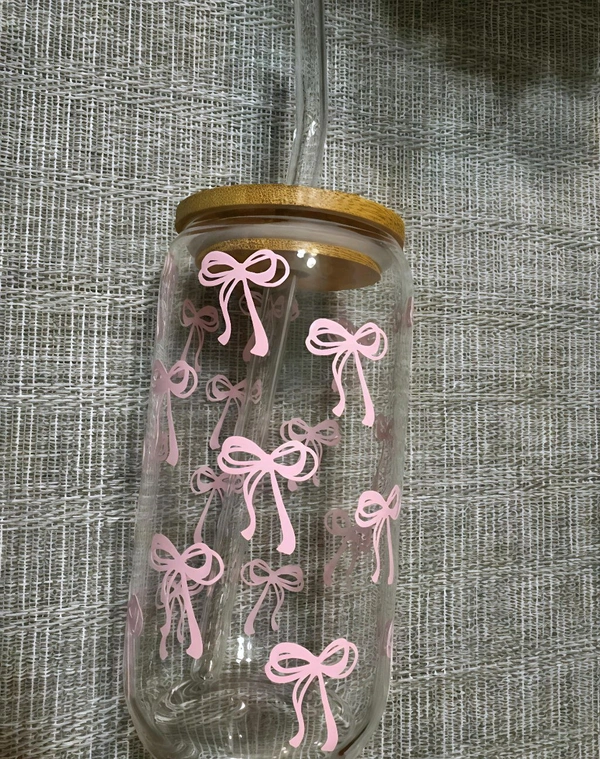 Pink Bow Glass Cup - Free Size