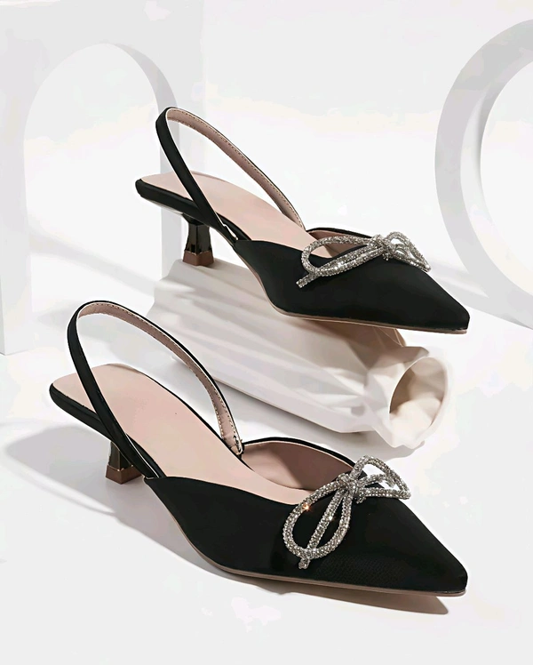 Women's Rhinestone Black Pump Heel - Black, IND-3