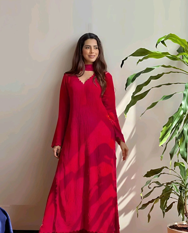 Georgette Cotton Kurta Set For Women (Trendy Kurta Set) - Guardsman Red, XXL