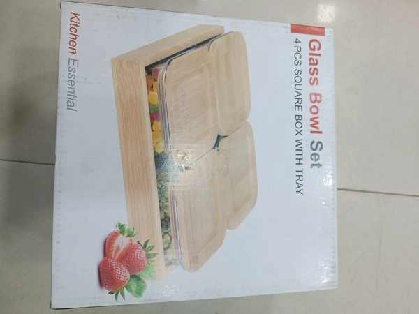 GLASS BOWL SET 4PCS SQUARE BOX WITH TRAY