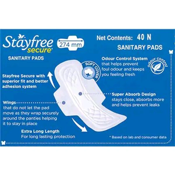 Stayfree Secure Cottony Soft Cover Sanitary Napkin with Wings (XL) 40 pads