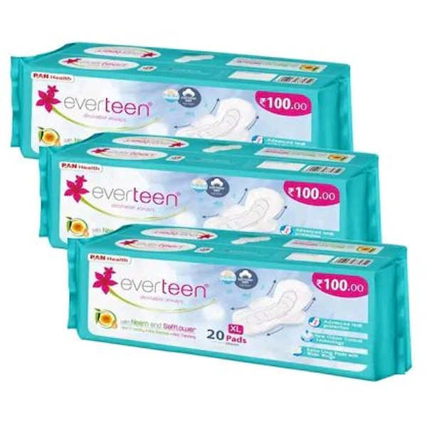 everteen XL Sanitary Pads with Neem & Safflower, Cottony-Dry Top Layer for Women- 3 Pack (60 Pads)