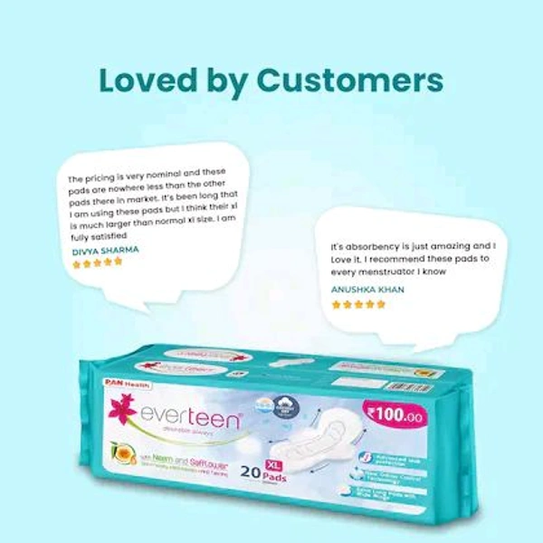 everteen XL Sanitary Pads with Neem & Safflower, Cottony-Dry Top Layer for Women- 3 Pack (60 Pads)