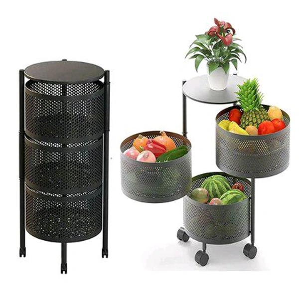 SHOPARAM 3 Layer Kitchen Rotating Round Trolley Storage Rack with Wheels, Organizer Items and Solutions for Shelf Fruit & Vegetable Rack,Household Corner Fruits Grocery Potatoes,Detachable Basket