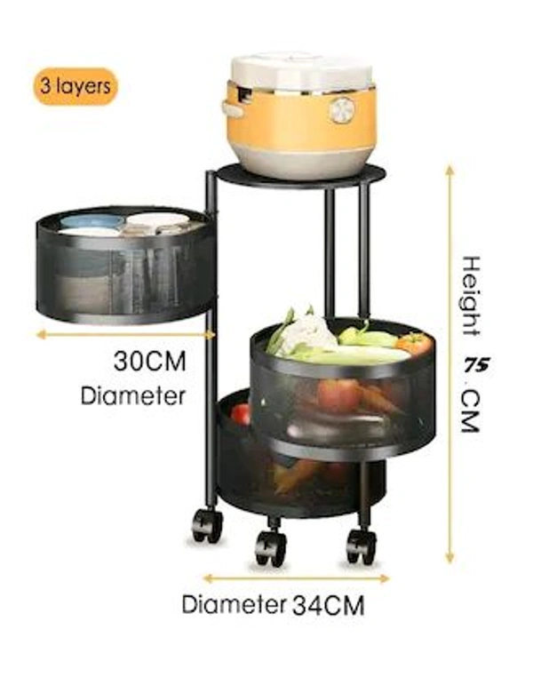 SHOPARAM 3 Layer Kitchen Rotating Round Trolley Storage Rack with Wheels, Organizer Items and Solutions for Shelf Fruit & Vegetable Rack,Household Corner Fruits Grocery Potatoes,Detachable Basket