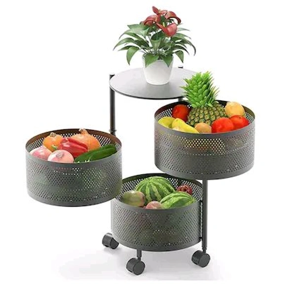 SHOPARAM 3 Layer Kitchen Rotating Round Trolley Storage Rack with Wheels, Organizer Items and Solutions for Shelf Fruit & Vegetable Rack,Household Corner Fruits Grocery Potatoes,Detachable Basket