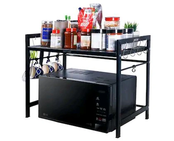 DRY LINE Microwave Oven Stand Adjustable Metal Shelf Rack with Hooks Kitchen Organizer Made in India