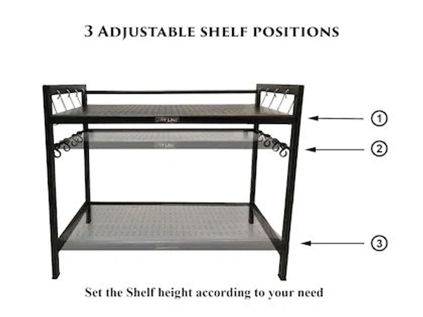 DRY LINE Microwave Oven Stand Adjustable Metal Shelf Rack with Hooks Kitchen Organizer Made in India