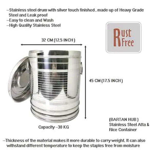 BH Bartan BH BARTAN HUB Stainless Steel Large Rice/Flour(Aatta) Container /Storage Set of 1 (Dishwasher Safe , 30 KG , Tea , Coffee , Sugar Container )
