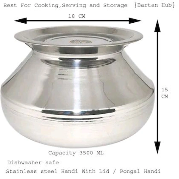BH BARTAN HUB Stainless Steel Handi/Pongal Handi with Lid (3500 ML, Dishwasher Safe) Handi 3.5 L with Lid (Stainless Steel)