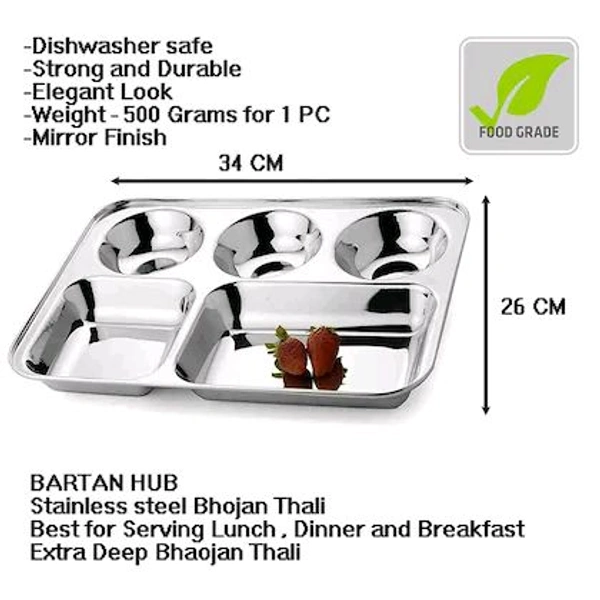 BH BARTAN HUB Pack of 6 Stainless Steel Stainless Steel Extra Deep Bhojan Thali/Dinner Plates/Lunch Plates Set of 6 (Dishwasher Safe, Elegant Look, Strong and Durable) Dinner Set