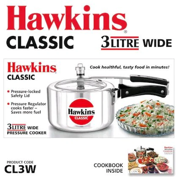 Hawkins 3 Litre Classic Pressure Cooker, Wide Design Pan Cooker, Best Inner Lid Cooker, Silver (CL3W)