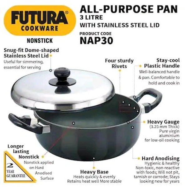 Hawkins Futura 3 Litre All Purpose Pan, Best Non Stick Pan with Stainless Steel Lid, Kitchen Pan, Black (NAP30)