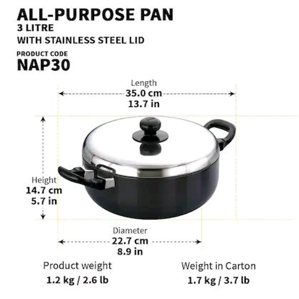Hawkins Futura 3 Litre All Purpose Pan, Best Non Stick Pan with Stainless Steel Lid, Kitchen Pan, Black (NAP30)