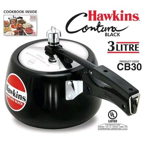 Hawkins 3 Litre Contura Black Pressure Cooker, Hard Anodised Inner Lid Cooker, Handi Cooker, (CB30)