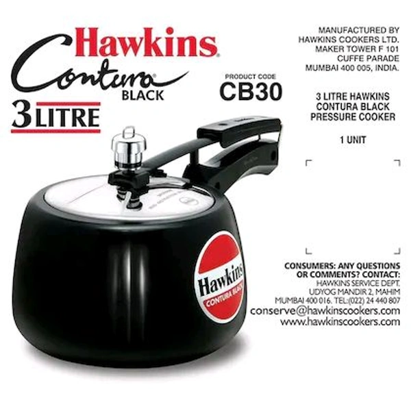 Hawkins 3 Litre Contura Black Pressure Cooker, Hard Anodised Inner Lid Cooker, Handi Cooker, (CB30)