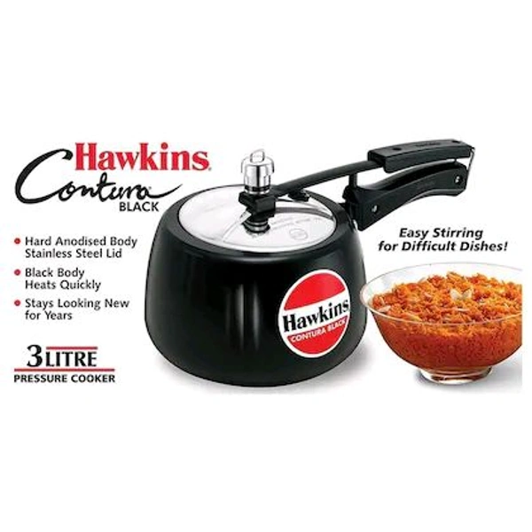 Hawkins 3 Litre Contura Black Pressure Cooker, Hard Anodised Inner Lid Cooker, Handi Cooker, (CB30)