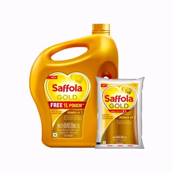 Saffola Sunflower and Rice Bran Blended Cooking Oil-Free 1L Pouch- 5+1 - 5+1