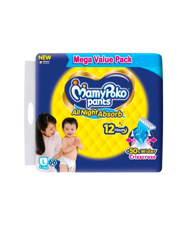 MamyPoko Pants All Night Absorb Diaper (L 9-14 kg -66 Diapers) - L, 9-14.Kg