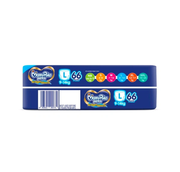 MamyPoko Pants All Night Absorb Diaper (L 9-14 kg -66 Diapers) - L, 9-14.Kg
