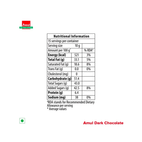 Amul 55% Cocoa Dark Chocolate Bar - 150g