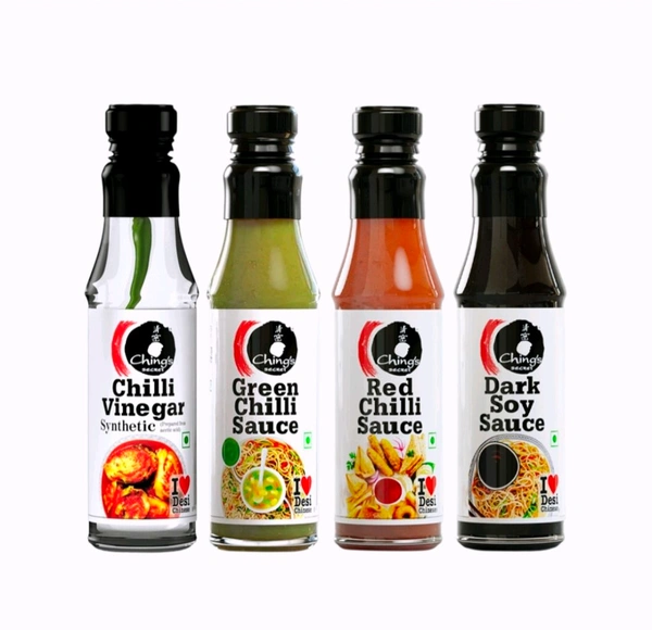 Ching's Secret Dark Soy Sauce Rich, Brown and Zesty + Red Chilli Sauce, Bold, Fiery & Aromatic + Green Chilli Sauce + Chilli Vinegar Combo - 210 g + 200 g + 190 g + 170 ml