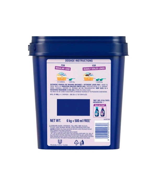 Surf Excel Front Load Detergent Powder - 500 ml Pack Liquid Free Inside - 6.kg + 500.ml