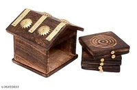 Wooden Hut Shaped Coaster Set
