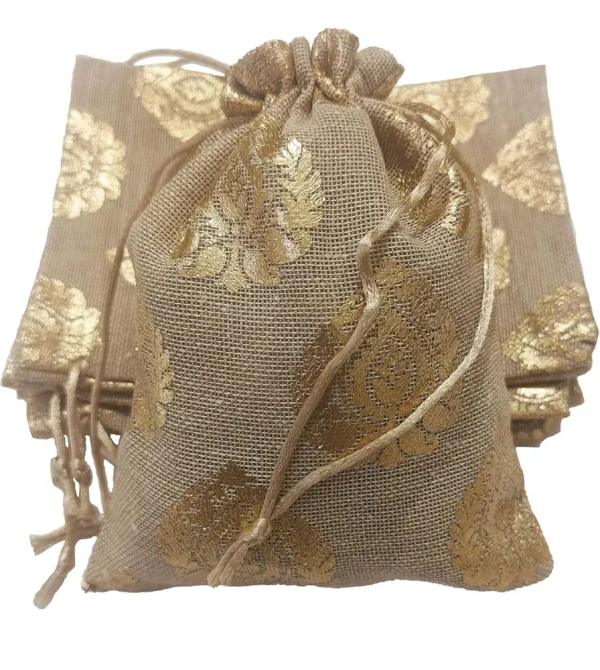 Potli for Gift Wedding Jewelry Packaging - 13CM X 18CM, GLODEN & PINK