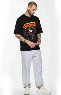 LEOTUDE Half Sleeve Oversized Cottonblend Round Neck Drop Shoulder Printed Men's T-Shirt (Color Black) - Black, M