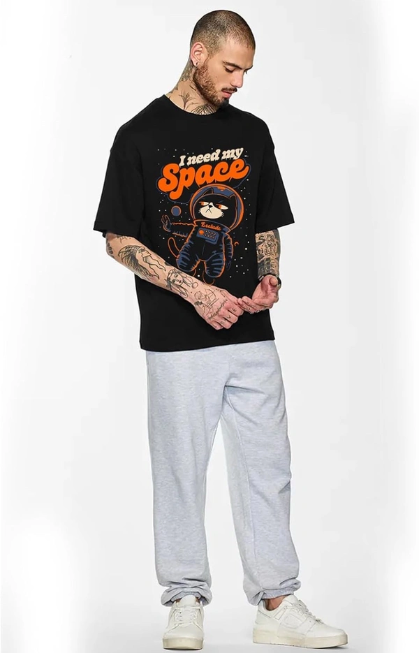 LEOTUDE Half Sleeve Oversized Cottonblend Round Neck Drop Shoulder Printed Men's T-Shirt (Color Black) - Black, M