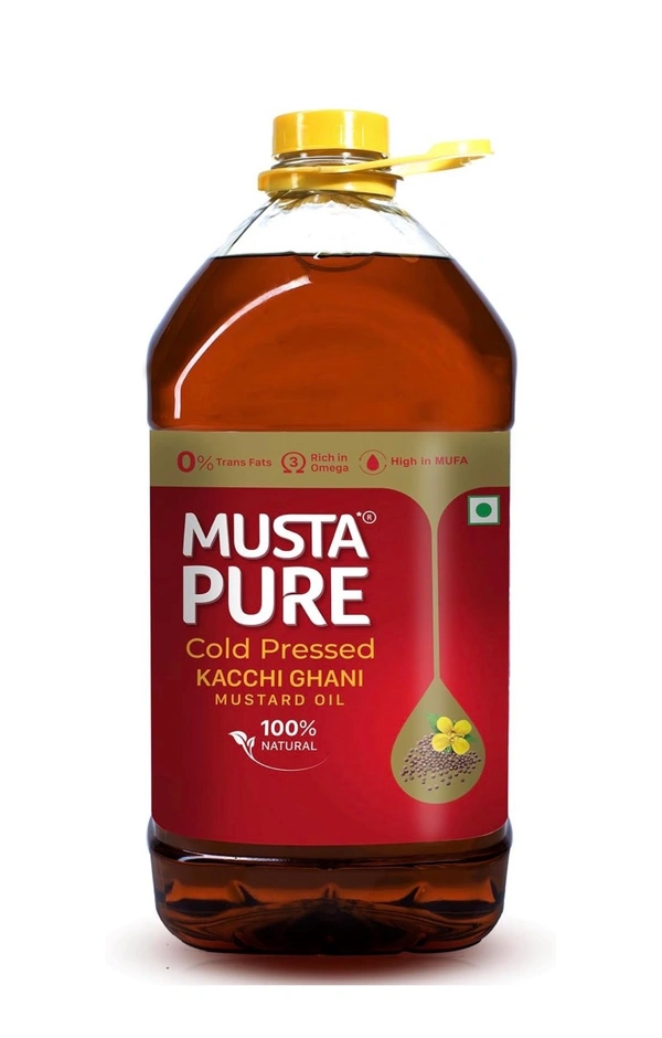 MustaPure Cold Pressed Kachi Ghani Mustard Oil - (5 Litre) Cooking Oil, Unrefined, Naturally Cholesterol Free, A1 Grade Real Seeds for Natural Aroma & Flavour for Roasting, Frying, Baking