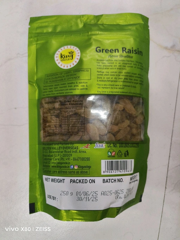 Natural Green Raisins 250gms Packet Kishmish