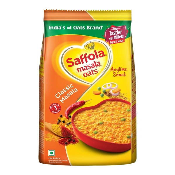 Saffola Masala Oats 500gms PLASTIC CONTAINER FREE (Classic Masala) Tasty and spicy oats for quick, filling evening snack time.