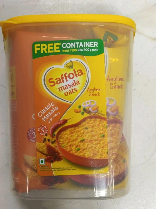 Saffola Masala Oats 500gms PLASTIC CONTAINER FREE (Classic Masala) Tasty and spicy oats for quick, filling evening snack time.