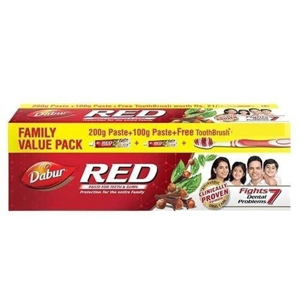 Dabur Red Toothpaste Family Value Pack (200gms+100gms+Toothbrush FREE Worth 21/-)