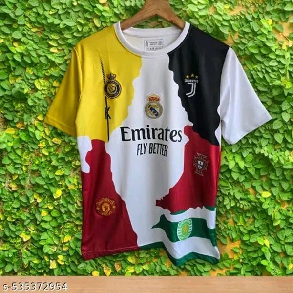 Cristiano Ronaldo Tribute Jersey
Celebrate the legendary career of Cristiano Ronaldo with this unique, multicolor tribute jersey. Featuring badges from all the iconic clubs he played for—Sporting CP, Manchester United, Real Madrid, Juventus, Al-Nassr—and the Portugal national team, this premium-quality tee showcases CR7's journey in style. Comfortable and Very eye-catching - Black, L